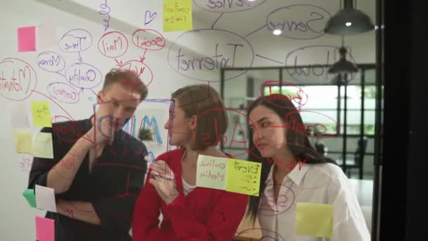 通过在玻璃板 现代会议室使用彩色粘贴和思维图来创建企业团队集思广益和解决问题的年轻创意 一起讨论 一起工作 纯洁无瑕 — 图库视频影像
