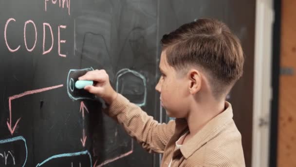 在黑板上写提示的聪明学生或男孩的衣服 在黑板上写着儿童计划项目和设置工程系统及头脑风暴创意 专心在手上 站点视图 Erudition — 图库视频影像