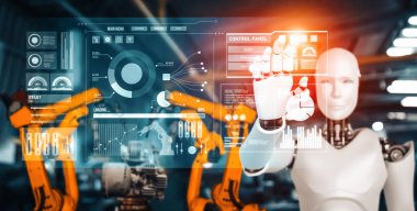 XAI Mekanize Endüstri Robotu ve robot silahları fabrika üretiminde kullanılacak. Sanayi devrimi ve otomasyon üretim süreci için yapay zeka kavramı.