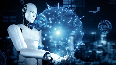 XAI 3d illüstrasyon Futuristik robot yapay zeka insansı yapay zeka endüstriyel fabrika teknolojisi geliştirme ve makine öğrenme konsepti için. İnsanoğlunun geleceği için robotik biyonik bilim araştırması