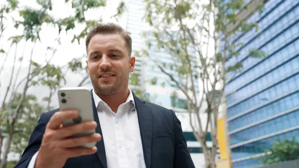 Low Angle Camera View Business Man Looking Phone While Calling — Stock Photo, Image