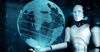 XAI 3D illüstrasyon Gelecek Finansal Teknoloji Kontrolü Yapay Robot Huminoid makine öğrenimi ve yapay zeka kullanarak iş verilerini analiz ediyor ve yatırım ve ticaret hakkında tavsiyelerde bulunuyor