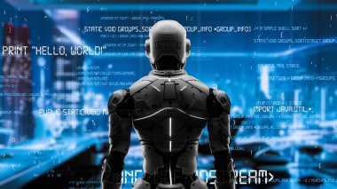 Yapay zeka mühendisliği iş başında. Yapay zeka algoritması pazarlama otomasyonu, teknik analiz, çözüm iletişimi ve hızlı yanıt için. LISP kodlu program ve 3d resimleme öğrenen makine