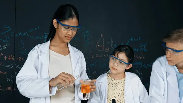 Smart girl pour colored solution in to beaker while diverse student excited about doing experiment. Professional scientist prepare for doing experiment at blackboard with chemical theory. Edification.
