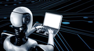 XAI 3D illüstrasyon robotu insansı dizüstü bilgisayar kullanır ve yapay zeka, yapay zeka ve makine öğrenme sürecini kullanarak geleceğin ofisinde masada oturur. Dördüncü sanayi devrimi