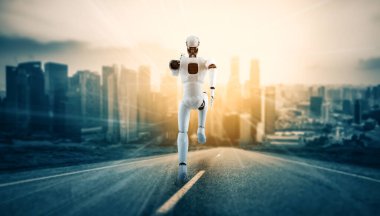 XAI 3D illüstrasyon. Hızlı hareket eden robot insanımsı robot, yapay zeka ve yapay zeka geliştirme kavramının gelecekte geliştirilmesi için gerekli enerjiyi makine öğrenmesiyle gösteriyor.