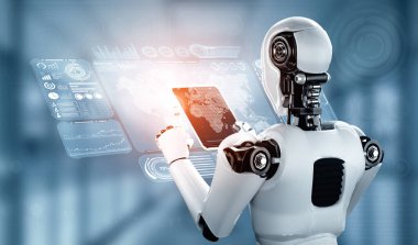 Sanayi devrimi için yapay zeka ve makine öğrenme yöntemlerini kullanarak küresel ağ bağlantısı için tablet bilgisayar kullanan XAI 3D illüstrasyon robotu. Üç Boyut