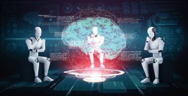 XAI 3D illüstrasyon Yapay Zeka Robotu Düşünme Sanal ekran analizi makine öğrenme süreciyle yapay zeka ve yapay zeka kavramını gösteriyor. 3B illüstrasyon.