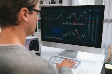 Bilgisayar ve dizüstü bilgisayarı kullanarak, çalışma masasındaki dinamik artırılmış borsa grafiğinin en yüksek kar değerini araştıran bir tüccar, modern ofisteki ekrandaki döviz kuru değerini analiz ediyor. Bireysel.