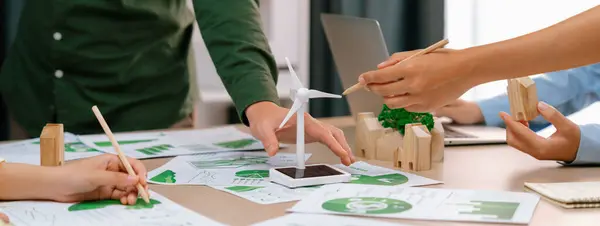 Windmill Model Represented Renewable Energy Wooden Block Represented Eco City — Stock Photo, Image