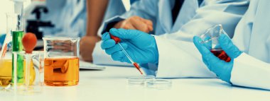 Laboratuvar araştırma ekibi, bilimsel uzmanlık ve laboratuvar ekipmanları ile sağlık hizmetlerini ilerletiyor, yeni ilaçlar araştırıyor ve laboratuvarda tedavi geliştiriyor. Panorama Katı