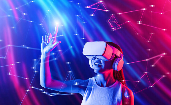 Smart female standing in cyberpunk style building in meta wear VR headset connecting metaverse, future cyberspace community technology, Elegant woman using fingers touch virtual object. Hallucination.