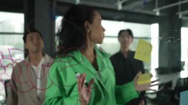 Hispanik çalışanlar, yatırımcılar ayakta durup dinlerken pazarlama fikirleri üretmeye başlarlar. Kadın lider beyin fırtınası iş planı sunuyor. Cam duvardaki yapışkan nota yazılmış bir strateji. Yönlendirici