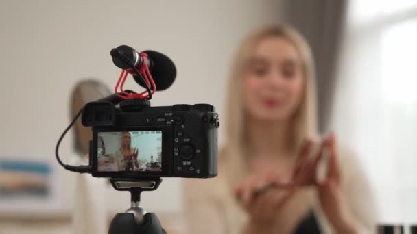 Rear View Behide Camera Screen Display Woman Making Beauty Cosmetic — Stock Video