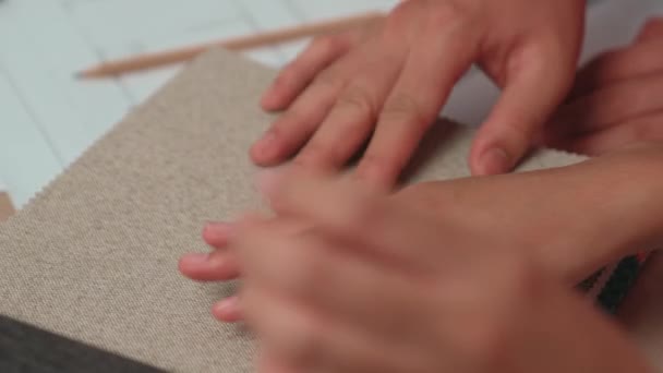 Slow Motion Hand Closeup Architect Interior Designer Presenting Textile Material — Stock Video