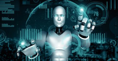XAI 3D illüstrasyon Gelecek Finansal Teknoloji Kontrolü Yapay Robot Huminoid makine öğrenimi ve yapay zeka kullanarak iş verilerini analiz ediyor ve yatırım ve ticaret hakkında tavsiyelerde bulunuyor