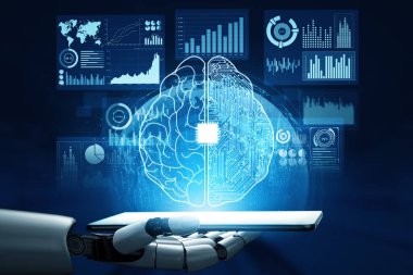 XAI 3D Renching futuristik robot teknolojisi geliştirme, yapay zeka yapay zeka ve makine öğrenme konsepti. İnsan hayatının geleceği için küresel robot biyonik bilim araştırması.
