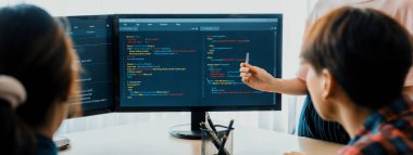 Modern ofis şirketinde yönetici dikkatle dinlerken yetenekli genç bayan programcı program kodlaması ve paylaşım fikri. Java betiği, web tasarım konsepti. Filizlenen.
