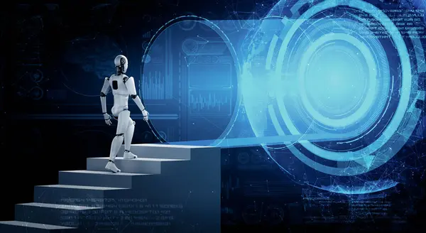 Der Humanoide Roboter Xai Illustration Geht Die Treppe Hinauf Erfolg — Stockfoto
