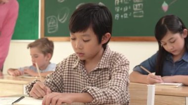 Öğrenci cevap kağıdına cevap yazarken Asyalı akıllı çocuk kameraya gülümsüyor. Çok kültürlü bir öğrenci sınıf ödevlerini kontrol ederken, beyaz bir öğretmen de sınıf ödevlerini yapıyor. Pedagoji.
