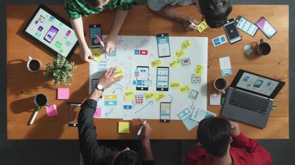 マインドマップを使用してUx Uiデザインのアイデアを共有するプロの開発チーム 携帯電話のインターフェイスアプリをブレインストーミングまたはプランニングするために一緒に働くビジネスの人々のグループのトップダウンビュー コンベンション — ストック動画