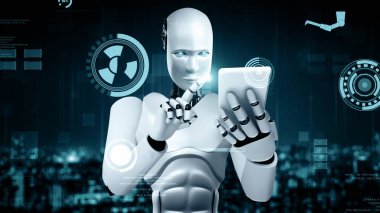 XAI 3d illüstrasyon Futuristik robot yapay zeka insansı yapay zeka endüstriyel fabrika teknolojisi geliştirme ve makine öğrenme konsepti için. İnsanoğlunun geleceği için robotik biyonik bilim araştırması