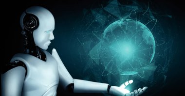 XAI 3d illüstrasyon yapay zeka kullanarak sanal ekran tutan yapay robot yapay zeka ile küresel iletişim ağı kavramını gösteriyor. 3B hazırlama bilgisayarı