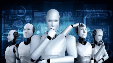 Gelecekteki yapay zeka ve 4. sanayi devrimi kavramında robot hominoid grubunun XAI 3D çizimi.