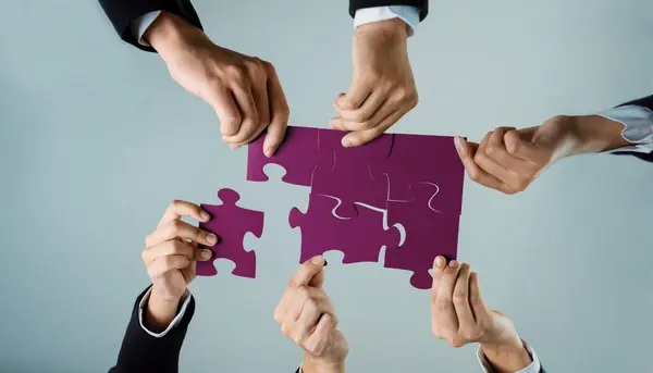 Top View Panorama Banner Business Team Assembling Jigsaw Puzzle Table — Stock Photo, Image