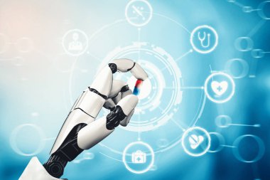 XAI 3D tıbbi yapay zeka robotu geleceğin hastanesinde çalışıyor. Hasta ve biyomedikal teknoloji konsepti için gelecekteki protez sağlık hizmetleri.