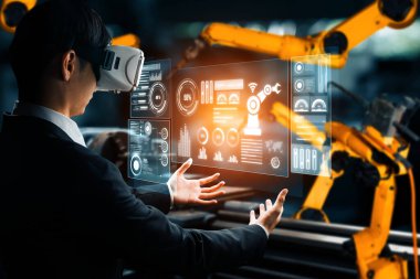 Dijital sanayi ve fabrika robotu teknolojisi için XAI Gelişmiş Robot Kol Sistemi. İnternet ağına bağlı IOT yazılımı kullanarak endüstri mühendisliği tarafından kontrol edilen otomasyon üretim robotu.