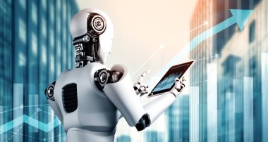 XAI 3D illüstrasyon İş Büyüme Konsepti, yapay zeka robotu ve makine öğrenme teknolojisini kullanarak verileri analiz ederek ve gelecekteki iş yatırımları planlaması hakkında tavsiyelerde bulunarak. 3B resimleme.