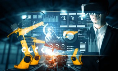 Dijital sanayi ve fabrika robotu teknolojisi için XAI Gelişmiş Robot Kol Sistemi. İnternet ağına bağlı IOT yazılımı kullanarak endüstri mühendisliği tarafından kontrol edilen otomasyon üretim robotu.