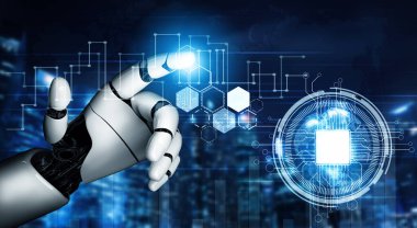 XAI 3D Renching futuristik robot teknolojisi geliştirme, yapay zeka yapay zeka ve makine öğrenme konsepti. İnsan hayatının geleceği için küresel robot biyonik bilim araştırması.