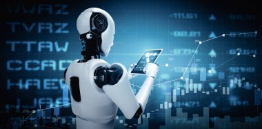 XAI 3D illüstrasyon robotu robotu tablet bilgisayarı kullanarak yapay zeka ve makine öğrenme sürecini düşünen yapay zeka tarafından borsa ticareti kavramını kullanıyor. 3B illüstrasyon.