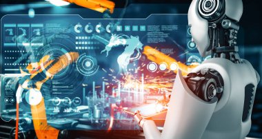 XAI Mekanize Endüstri Robotu ve robot silahları fabrika üretiminde kullanılacak. Sanayi devrimi ve otomasyon üretim süreci için yapay zeka kavramı.