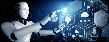 XAI 3d illüstrasyon yapay zeka yöntemini kullanarak sanal ekrana dokunan yapay robot yapay zeka ile küresel iletişim ağı kavramını gösteriyor. 3B illüstrasyon