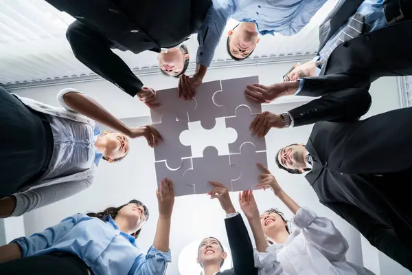 Multiethnic Business People Holding Jigsaw Pieces Merge Them Together Effective — Stock Photo, Image