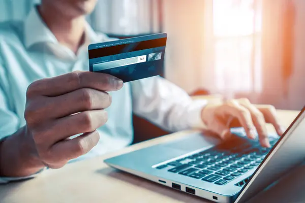 Young Man Use Credit Card Shopping Payment Online Laptop Computer — Stock Photo, Image