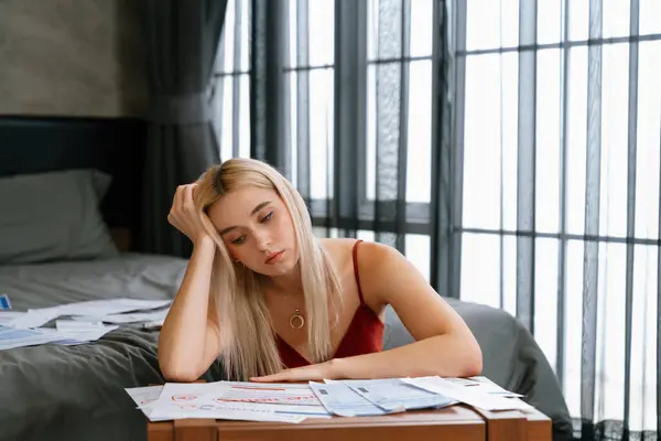 Stress Worried Young Woman Sit Table She Pay Bills Online — Stock Photo, Image