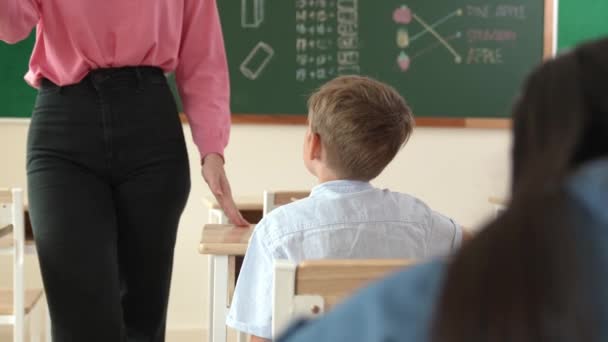 Energetic Smart Teacher Explain Classwork Caucasian Boy Classroom While Multicultural — Stock Video