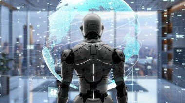 Yapay zeka mühendisliği iş başında. Yapay zeka algoritması pazarlama otomasyonu, teknik analiz, çözüm iletişimi ve hızlı yanıt için. LISP kodlu program ve 3d resimleme öğrenen makine