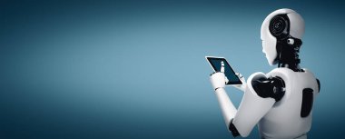 XAI 3D illüstrasyon robot robotu geleceğin ofisinde tablet bilgisayar kullanarak yapay zeka, yapay zeka ve makine öğrenme sürecini kullanarak. 4. Sanayi Devrimi 3 boyutlu