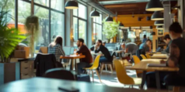 stock image Defocused image of a lively modern co-working area with people and indoor plants. Resplendent.