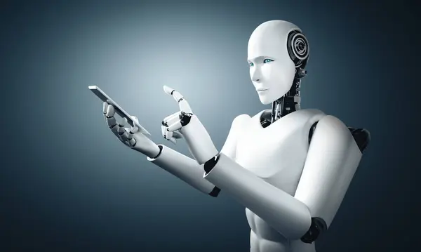 Xai Illustration Roboten Humanoid Använda Mobiltelefon Eller Surfplatta Framtida Kontor — Stockfoto