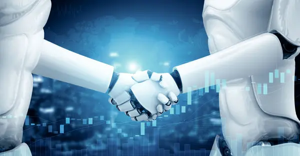 Xai Ilustração Humanóide Robô Handshake Com Bolsa Negociação Gráfico Mostrando — Fotografia de Stock