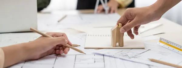 Professional Architect Team Discussion Architectural Project Meeting Table Blueprint Wooden — Stock Photo, Image
