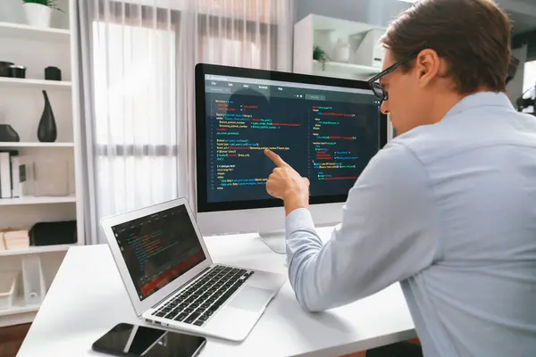 Developer Selecting Point Coding Online Software Development Information Comparing Laptop — Stock Photo, Image