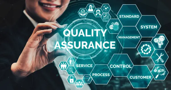 Quality Assurance Quality Control Concept Nowoczesny Interfejs Graficzny Pokazujący Certyfikowany — Zdjęcie stockowe