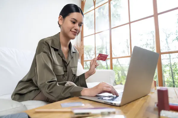 Young Happy Asian Woman Buy Product Online Shopping Home While — Stock Photo, Image
